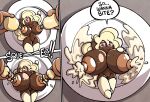  breast_expansion breasts cookie cookie_run curvaceous curvy_figure dessert english_text expansion fan_character female food hi_res humanoid lying nude on_back sachasketchy short_stack solo speech_bubble text triple_cocoa_cookie voluptuous wide_hips 