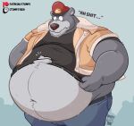  2023 anthro baloo bear belly belt big_belly blue_background bottomwear clothed clothing denim denim_bottomwear denim_clothing dialogue disney english_text eyebrows frown fur hat headgear headwear hi_res jacket jeans looking_down male mammal moobs navel obese obese_anthro obese_male open_clothing open_jacket open_topwear overweight overweight_anthro overweight_male pants patreon profanity shirt simple_background solo standing stompsthecroc talespin text the_jungle_book topwear torn_clothing torn_shirt torn_topwear tuft twitch.tv url wardrobe_malfunction watermark 