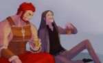  2boys :d ancient_greek_clothes beard cup drunk facial_hair fate/grand_order fate_(series) feet_out_of_frame highres holding holding_cup iskandar_(fate) large_pectorals laughing long_hair lord_el-melloi_ii male_focus mature_male multiple_boys muscular muscular_male pectoral_cleavage pectorals red_eyes red_hair shababuru short_hair side-by-side sidepec sitting smile waver_velvet 