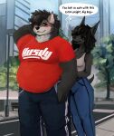  anthro canid canine canis dialogue duo female hi_res jackal male male/female mammal outside overweight overweight_anthro overweight_male silverfang725 speech_bubble tagme weight_gain 