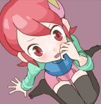  1girl aqua_shirt black_thighhighs blue_vest from_above hair_ornament hand_up long_sleeves looking_at_viewer lowres mayl_sakurai_(mega_man) mega_man_(series) mega_man_battle_network_(series) miniskirt open_mouth pink_skirt purple_background red_eyes red_hair shirt short_hair sicky_(pit-bull) simple_background skirt solo thighhighs vest zettai_ryouiki 