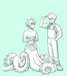  2boys alternate_universe bakugou_katsuki boku_no_hero_academia closed_mouth commentary english_commentary fins freckles full_body green_background green_theme habkart hand_in_pocket head_fins highres looking_at_another male_focus midoriya_izuku monochrome monster_boy multiple_boys navel octopus_boy overalls shirt short_hair short_sleeves simple_background smile standing suction_cups tentacles tongue tongue_out 