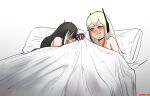  2girls black_hair blanket blonde_hair blush closed_mouth dated girls&#039;_frontline half-closed_eyes headgear highres lifting_covers long_hair looking_at_another lying m4_sopmod_ii_(girls&#039;_frontline) multicolored_hair multiple_girls on_bed open_mouth pillow radish_p red_hair ro635_(girls&#039;_frontline) streaked_hair under_covers white_hair 