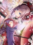  1girl akatsuki_hijiri asymmetrical_hair blue_eyes earrings fate/grand_order fate_(series) hair_ornament japanese_clothes jewelry kimono miyamoto_musashi_(fate) obi pink_hair sash smile solo 