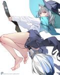  1girl alternate_costume animal_ear_fluff animal_ear_headwear animal_ears aqua_scarf bare_legs barefoot black_skirt blue_archive blush broom broom_riding extra_ears grey_hair hat holding holding_broom long_sleeves looking_at_viewer looking_to_the_side scarf shiroko_(blue_archive) simple_background skirt soles solo sydus toes torn_clothes torn_skirt white_background witch_hat wolf_ears 