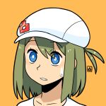  1girl bangs blue_eyes cabbie_hat collarbone eyes_visible_through_hair green_hair hair_between_eyes hat muu_(mumumer) orange_background original parted_lips ponytail portrait simple_background solo sweatdrop white_headwear yunomiya_agari 