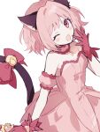  1girl animal_ears bell bow breasts cat_ears cat_girl cat_tail detached_sleeves gloves hand_up heart jingle_bell looking_at_viewer one_eye_closed ootori_emu open_mouth pink_eyes pink_gloves pink_hair project_sekai qi7pi red_bow short_hair simple_background solo tail white_background 