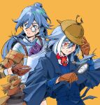  2girls absurdres ascot black_coat blue_eyes brown_gloves coat commentary detective dual_persona eudaemonm fu_hua fu_hua_(hawk_of_the_fog) fu_hua_(herrscher_of_sentience) fu_hua_(valkyrie_accipiter) gloves grey_hair hair_between_eyes hat high_ponytail highres holding holding_magnifying_glass holding_paper honkai_(series) honkai_impact_3rd long_hair looking_down magnifying_glass multicolored_hair multiple_girls official_alternate_costume paper purple_ascot red_eyes simple_background streaked_hair symbol-only_commentary upper_body yellow_background yellow_pupils 