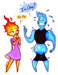  blue_eyes clothed clothing dress elemental_(pixar) elemental_creature ember_lumen female fire fire_creature flaming_hair hi_res humanoid liquid_hair male not_furry orange_eyes pseudo_hair shirt simple_background skeletalheart smile t-shirt topwear wade_ripple water water_creature white_background 