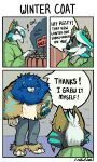  3_panel_comic anthro blue_hair bottomwear brown_body brown_fur canid canine canis cheek_tuft clothing duo ear_piercing ear_ring facial_tuft fangs female fur green_body green_fur green_highlights green_pawpads grey_body grey_fur hair hi_res highlights_(coloring) humor lilshark lips male mammal open_mouth open_smile pants pawpads paws piercing ring_piercing sabertooth smile teeth thick_bottom_lip tuft white_body white_fur white_hair wide_eyed winter_coat wolf zephyri_q_wolf 