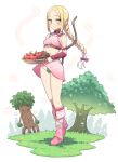  1girl apple bare_shoulders basket blush boots bow bow_(weapon) braid breasts elf food forehead fruit grass groin hair_bow hatsunatsu holding holding_basket knee_boots leaf long_hair looking_at_viewer original parted_bangs parted_lips pink_footwear pointy_ears red_apple red_bow simple_background single_braid small_breasts solo_focus stick tree very_long_hair weapon weapon_on_back white_background yellow_eyes 