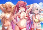  3girls alternate_costume armpits arms_up bare_shoulders beach bikini blonde_hair blue_sky blurry blurry_background blush breasts cleavage collarbone colored_inner_hair commentary_request cowboy_shot dark-skinned_female dark_skin day depth_of_field grin hair_bun hair_over_shoulder heterochromia highres hololive horizon houshou_marine large_breasts lens_flare licking_lips long_hair looking_at_viewer multicolored_hair multiple_girls navel outdoors pink_hair red_bikini red_eyes red_hair shiranui_flare shirogane_noel sky smile stomach streaked_hair string_bikini suicabar72 sunlight swimsuit tongue tongue_out virtual_youtuber water watermark white_bikini yellow_eyes 