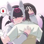 1boy 1girl animal_ears arm_around_back arm_around_neck arm_up bat_ears bat_girl bat_wings black_eyes black_hair blood blood_drop blush brown_hair captain_(kemono_friends) commentary common_vampire_bat_(kemono_friends) eyelashes fang gloves grey_hair hand_on_another&#039;s_back hand_on_another&#039;s_head hand_up head_wings heart heart-shaped_pupils hug kemono_friends kemono_friends_3 long_sleeves medium_hair mukouyama_mu multicolored_hair multiple_wings nose_blush parted_lips pink_hair shirt short_sleeves smile symbol-only_commentary symbol-shaped_pupils thought_bubble wings 