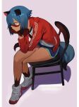  1girl absurdres animal_ears animal_nose aqua_eyes aqua_shorts asymmetrical_bangs black_hair black_shirt blue_hair blue_shorts border brand_new_animal bright_pupils brown_fur chair closed_mouth commentary dolphin_shorts double_vertical_stripe full_body furry furry_female hand_to_own_face hand_up highres jacket kagemori_michiru letterboxed long_sleeves multicolored_hair open_clothes open_jacket p_(pm_611a) pink_eyes purple_background raccoon_ears red_footwear red_jacket shirt shoes short_eyebrows short_hair_with_long_locks shorts sidelocks simple_background sitting sneakers solo straight_hair two-tone_eyes two-tone_footwear two-tone_fur two-tone_hair two-tone_shirt two-tone_shorts v-shaped_eyebrows white_border white_footwear white_pupils white_shirt 