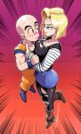  1boy 1girl android_18 bald blonde_hair breasts collarbone dragon_ball earrings flying jewelry kuririn mike_luckas short_hair smile 