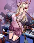  1girl absurdres akamatsu_kaede arms_up blonde_hair blush breasts brown_footwear chair collared_shirt danganronpa_(series) danganronpa_v3:_killing_harmony hair_ornament highres instrument large_breasts long_hair long_sleeves miniskirt monikano monokuma musical_note musical_note_hair_ornament necktie orange_necktie piano pink_sweater_vest pleated_skirt purple_eyes purple_skirt restrained rope shirt shoes skirt solo_focus sweater_vest violin white_shirt 