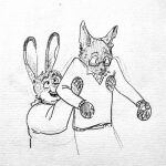  ambiguous_gender anthro clothed clothing domestic_cat duo eyewear felid feline felis fully_clothed gammija glasses graphite_(artwork) handpaw hare hi_res holding_another hoodie jonathan_sims lagomorph leporid long_ears mammal martin_blackwood notched_ear pawpads paws pencil_(artwork) smile sweater the_magnus_archives topwear traditional_media_(artwork) whiskers 