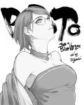  1girl artist_name bare_shoulders black_choker boruto:_naruto_next_generations boruto:_two_blue_vortex breasts choker commentary copyright_name earrings english_commentary english_text eyelashes glasses highres jewelry looking_at_viewer mangekyou_sharingan monochrome naruto_(series) serious sharingan short_hair small_breasts solo spoilers standing uchiha_sarada yukuart_(yukuid) 