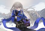  1girl bag belt bkornblume black_coat black_gloves blue_eyes blue_flower blue_scarf brown_belt coat cornflower flower gloves gold_trim grey_hair hand_up highres long_hair long_sleeves mountainous_horizon outdoors parted_lips reverse:1999 scarf solo very_long_hair 