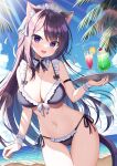  1girl :d animal_ear_fluff animal_ears bikini black_bikini black_hair blue_sky breasts cat_ears cat_girl cat_tail cleavage cloud commentary_request cup day drinking_glass drinking_straw fang frilled_bikini frills hair_between_eyes holding holding_tray horizon large_breasts long_hair looking_at_viewer mauve navel ocean original outdoors purple_eyes side-tie_bikini_bottom sky smile solo swimsuit tail tray very_long_hair water wrist_cuffs 