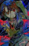  1girl abstract absurdres brown_hair highres impressionism iwakura_lain looking_at_viewer open_mouth outstretched_arm red_eyes serial_experiments_lain short_hair short_sleeves solo wire yadu_nadu 