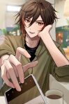  1boy absurdres alternate_costume brown_hair cellphone coffee coffee_cup cup disposable_cup genshin_impact green_shirt hair_between_eyes highres long_hair long_sleeves male_focus multicolored_hair open_mouth orange_eyes phone pponnya shirt smartphone solo zhongli_(genshin_impact) 