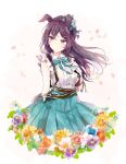  1girl animal_ears arm_at_side belt bow bowtie breasts brown_hair collared_shirt ears_down flower gloves green_bow green_bowtie green_skirt hair_ornament hairclip hand_up horse_ears horse_girl horse_tail long_hair looking_to_the_side mejiro_dober_(umamusume) ninjin_nouka purple_eyes shirt shirt_tucked_in skirt sleeveless sleeveless_shirt small_breasts solo tail umamusume white_gloves white_shirt 