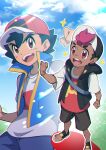  2boys :d ash_ketchum black_hair blue_vest brown_eyes chromatic_aberration clenched_hands cloud commentary_request dark-skinned_male dark_skin day hand_up hat highres male_focus mitsuha_(bless_blessing) multiple_boys open_mouth outdoors outline pokemon pokemon_(anime) pokemon_horizons pokemon_journeys red_headwear roy_(pokemon) sandals shirt shorts sky smile sparkle t-shirt teeth tongue upper_teeth_only vest white_shirt 