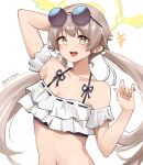  1girl :d arm_behind_head armpits bikini blue_archive brown_hair commentary detached_sleeves eyewear_on_head frilled_bikini frills halo hifumi_(blue_archive) hifumi_(swimsuit)_(blue_archive) highres long_hair looking_at_viewer low_twintails navel official_alternate_costume pinnn short_sleeves sidelocks simple_background smile solo spaghetti_strap stomach sunglasses swimsuit twintails white_background wing_hair_ornament yellow_eyes 