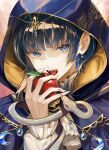  1girl apple ascot blue_cloak blue_eyes blue_hair blunt_bangs cloak crescent earrings fangs food fruit highres holding holding_food holding_fruit hololive hololive_english hood hood_up hooded_cloak imminent_bite jewelry looking_at_viewer multicolored_hair open_mouth ouro_kronii portrait santafe99 short_hair slit_pupils snake solo streaked_hair virtual_youtuber white_ascot white_snake 