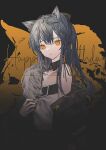  0_(znanimo) animal_ears arknights bare_shoulders black_background black_hair black_jacket black_nails closed_mouth detached_collar fingernails fur-trimmed_jacket fur_trim happy_birthday highres jacket long_fingernails long_hair looking_at_viewer open_clothes open_jacket orange_background orange_eyes star_(symbol) texas_(arknights) two-tone_background upper_body wolf_ears 