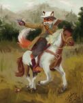  absurd_res anthro canid canine clothed clothing coat cowboy cowboy_hat day detailed_background digitigrade duo equid equine feral forest forest_background fox fully_clothed furgonomic_footwear grass gun hat headgear headwear hi_res horse horseback_riding male mammal nature nature_background painterly plant pointing_gun ranged_weapon red_dead_(series) red_fox reins rockstar_games saddle serious_face sydney_onmars topwear tree weapon western 