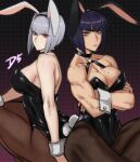  2girls animal_ears arms_under_breasts bare_arms bare_shoulders black_choker black_hair black_leotard black_nails blunt_bangs blunt_ends bob_cut breasts choker commentary_request crossed_arms dot_mouth drill_(emilio) fake_animal_ears frown grey_hair highres large_breasts leotard looking_at_viewer mole mole_on_breast multiple_girls muscular muscular_female nail_polish o-ring original pantyhose playboy_bunny rabbit_ears red_eyes short_hair simple_background wrist_cuffs yellow_eyes 