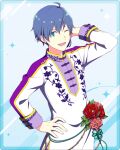  1boy amamine_shu blue_eyes blue_hair earrings fingernails flower hair_between_eyes idolmaster idolmaster_side-m idolmaster_side-m_growing_stars jewelry official_art one_eye_closed open_mouth red_flower red_rose rose solo stud_earrings teeth 