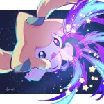  :o black_eyes bright_pupils commentary_request jirachi letterboxed night no_humans open_mouth outdoors pokemon pokemon_(creature) solo star_(symbol) white_pupils yuni_(unitary_580) 