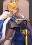  1girl absurdres ahoge alwaysregg armor armored_dress artoria_pendragon_(fate) avalon_(fate/stay_night) blonde_hair blue_cloak blue_dress blue_ribbon cloak commentary crown dress english_commentary excalibur_(fate/stay_night) fate/grand_order fate/stay_night fate_(series) faulds fur-trimmed_cloak fur_trim gauntlets green_eyes hair_ribbon hands_on_hilt highres looking_to_the_side own_hands_together parted_lips ribbon saber solo sword vambraces weapon 