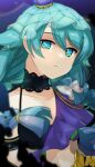  1girl aqua_eyes aqua_hair blurry blurry_foreground braid choker collarbone crown expressionless eyeshadow gradient_eyes hair_ribbon looking_at_viewer makeup mini_crown moldimolt_(stella_glow) monyami_mtib multicolored_eyes red_eyeshadow ribbon solo stella_glow twin_braids upper_body 