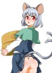  1girl animal_ears ass black_panties blue_dress blush capelet cheese clothes_lift commentary_request cowboy_shot dress food green_capelet grey_hair highres holding holding_food long_sleeves looking_at_viewer looking_back motion_lines mouse_ears mouse_tail nazrin open_mouth panties raised_eyebrows red_eyes shiraue_yuu short_hair skirt skirt_lift solo tail tail_wagging touhou underwear white_background white_sleeves 