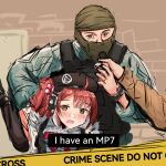  1boy 1girl 1other @_@ absurdres administrative_results balaclava beret black_headwear black_pantyhose blue_shirt blush body_armor bow bowtie brown_eyes carrying carrying_person carrying_under_arm caution_tape collared_shirt crime_scene english_text eyelashes girls&#039;_frontline hair_ornament hand_up hat headphones highres holding interview long_sleeves looking_at_viewer microphone mp7_(girls&#039;_frontline) one_side_up open_mouth out_of_frame outdoors pantyhose parted_bangs plate_carrier real_life red_bow red_bowtie red_hair rennn_(ilobeste) scene_reference shirt sidelocks sketch subtitled sweatdrop watch wavy_mouth white_shirt wristwatch 