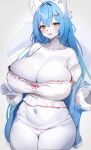  absurd_res anthro big_breasts blue_hair breasts canid canine cleavage clothed clothing female hair hi_res huge_breasts kakuteki11029 mammal panties solo thick_thighs underwear 