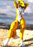  2023 3d_(artwork) abs anthro areola artist_name athletic athletic_anthro athletic_female bandai_namco bedroom_eyes black_sclera blue_eyes breasts chest_tuft curvy_figure detailed_background digimon digimon_(species) digital_media_(artwork) eyelashes female fluffy fluffy_tail fur genitals hands_behind_head long_tail looking_at_viewer multicolored_body multicolored_fur narrowed_eyes navel nipples nude outside paws pinup pose pussy renamon seductive smile snout solo source_filmmaker tail teeth thick_thighs tuft two_tone_body two_tone_fur viper-desires watermark white_body white_fur yellow_body yellow_fur 