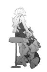  2girls absurdres ahoge bare_legs bare_shoulders barefoot chair feet from_behind full_body gundam gundam_suisei_no_majo highres holding_another&#039;s_head implied_futanari kneeling long_hair masturbation messy_hair miorine_rembran monochrome multiple_girls nideaneng oral sitting suletta_mercury tank_top very_long_hair 