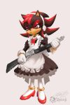  anthro black_body black_fur black_nose clothed clothing crossdressing dress eulipotyphlan eyelashes eyeshadow footwear fur girly gloves gun handwear hedgehog hi_res maid_uniform makeup male mammal ranged_weapon red_body red_eyes red_fur rifle sega shadow_the_hedgehog shoes simple_background solo sonic_the_hedgehog_(series) uniform weapon zyonji 