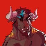  anthro beard black_sclera bovid bovine cattle clothed clothing ear_piercing ear_ring facial_hair hi_res highlights_(coloring) horn male mammal overbite piercing red_background red_eyes ring_piercing rneves_069 simple_background solo topless topless_anthro topless_male 
