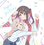  2girls :d :o ^_^ ahoge black_hair bolo_tie closed_eyes commentary_request confetti grey_hair hair_ornament hair_ribbon hairclip hana_houshou hands_up happy_birthday hat highres hug lab_coat long_hair long_sleeves multicolored_hair multiple_girls neck_ribbon onii-chan_wa_oshimai! open_labcoat open_mouth oyama_mahiro oyama_mihari party_hat purple_hair red_ribbon red_shirt ribbon school_uniform shirt siblings simple_background sisters skirt smile suspender_skirt suspenders twintails two-tone_hair white_background white_shirt wing_collar 