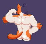  2023 anthro arm_tuft back_muscles blue_background blue_body blue_fur butt calico_cat cheek_tuft domestic_cat elbow_tuft enoopycat epic_games facial_tuft felid feline felis flexing fortnite fur half-length_portrait hi_res male mammal meowscles nude orange_body orange_fur portrait prick_ears rear_view signature simple_background solo tail tuft white_body white_fur 