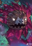  absurdres cwdw digimon digimon_(creature) glowing glowing_eyes grass highres leaf looking_at_viewer no_humans numbered open_mouth petaldramon petals plant_monster red_petals solo watermark wood 
