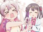  &gt;_&lt; 2girls :d bare_arms bare_shoulders black_hair bolo_tie colored_inner_hair commentary grey_hair hair_between_eyes hair_ornament hair_ribbon hairclip holding lab_coat long_hair long_sleeves multicolored_hair multiple_girls onii-chan_wa_oshimai! open_mouth oyama_mahiro oyama_mihari pink_hair purple_hair red_ribbon red_shirt ribbon sakura_planet sekihan_(tradition) shirt siblings sisters smile twintails two-tone_hair wavy_mouth wince wing_collar 