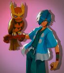  1boy absurdres blue_eyes blue_hair blue_jacket blue_kimono falkner_(pokemon) gloves hair_over_one_eye highres jacket jak_(jaksinart) japanese_clothes kimono male_focus noctowl open_clothes open_jacket pokemon pokemon_(creature) red_eyes short_hair short_sleeves simple_background standing 