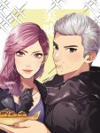  1boy 1girl blue_eyes crumbs earrings eating eyeshadow food grey_eyes han_joon-gi holding holding_food jacket jewelry leather leather_jacket lipstick makeup mutarou_(mu) purple_hair ryuu_ga_gotoku_(series) ryuu_ga_gotoku_7 seong-hui stud_earrings takoyaki toothpick white_hair 